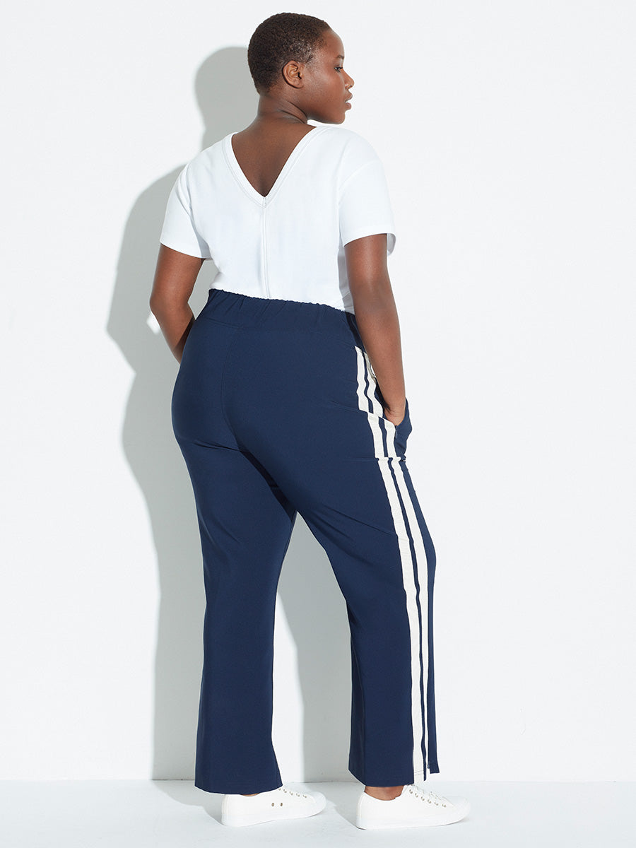 womens small navy blue track pants side stripe straight leg elastic waist